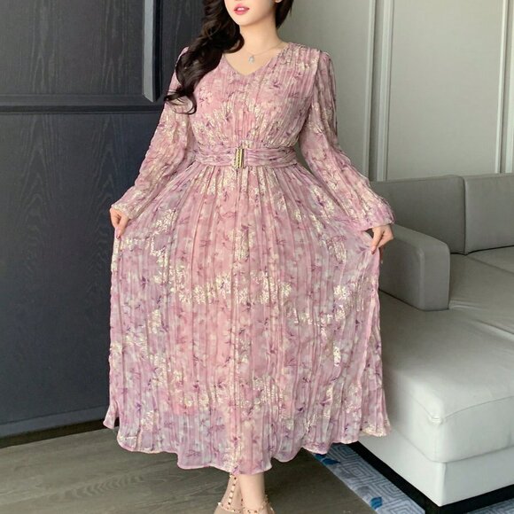 Pink Elegant Women's Plus Plus Size Floral Pattern V-Neck Lantern Sleeve Dress - Picture 5 of 8